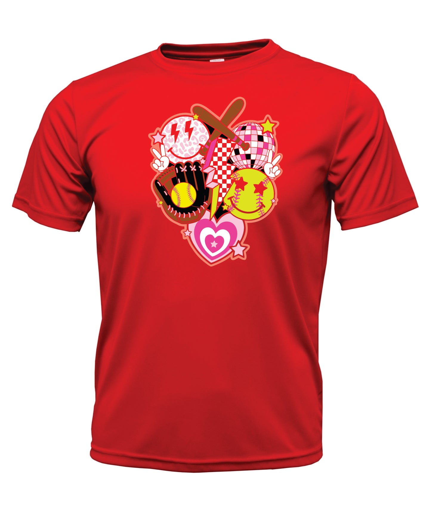 Softball - Glove - Hearts - Smiles - Disco Ball Short Sleeve Cotton T-Shirt