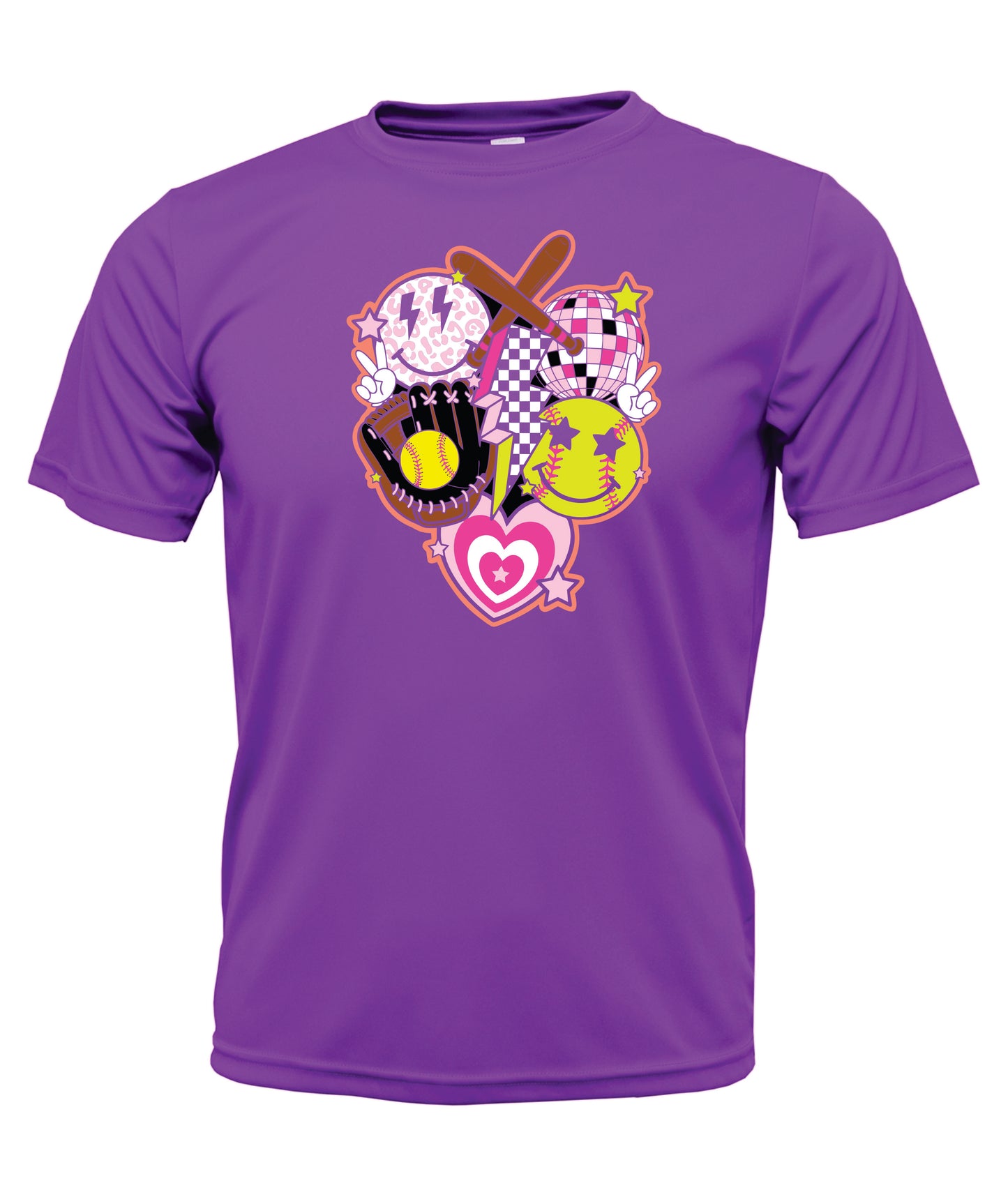 Softball - Glove - Hearts - Smiles - Disco Ball Short Sleeve Cotton T-Shirt