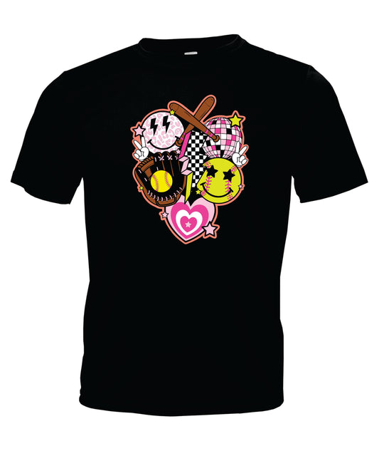 Softball - Glove - Hearts - Smiles - Disco Ball Short Sleeve Cotton T-Shirt